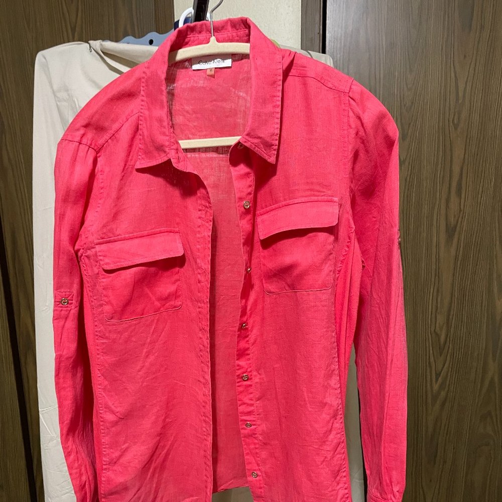 Calvin Klein pink button front blouse in size M